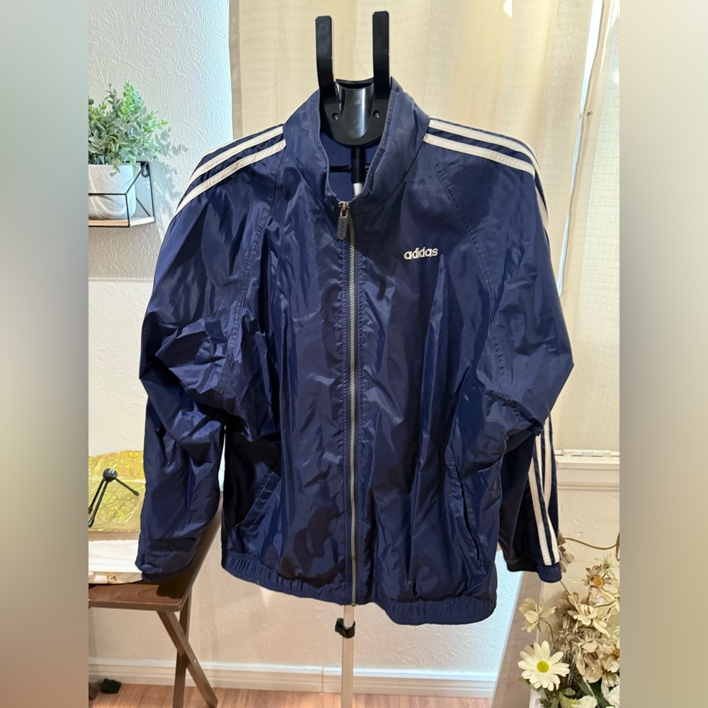 Adidas Dark Blue Windbreaker with White Stripes